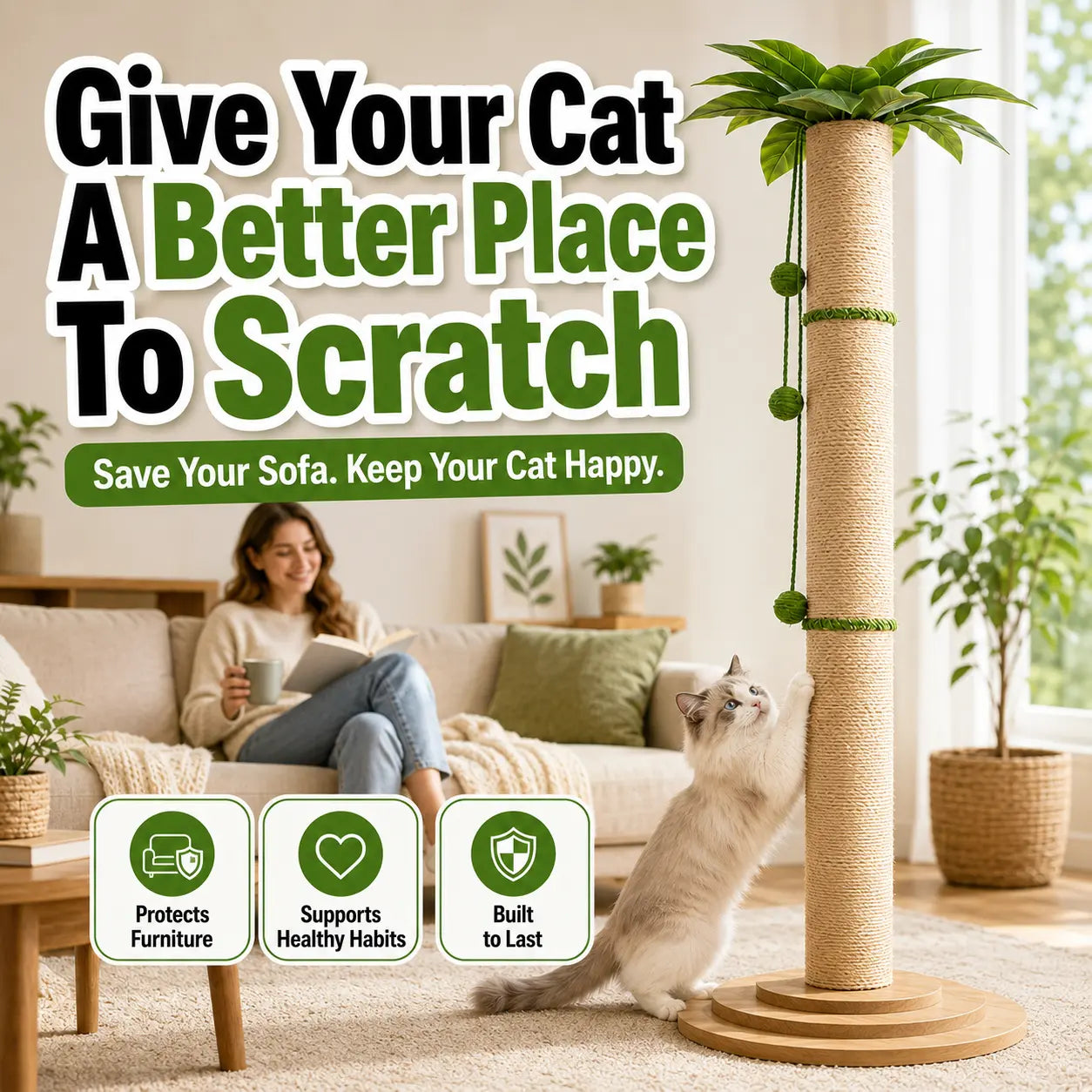 Oversized 63In Extra Tall Plant-Inspired Cat Scratching Post, Natural Sisal Rope Cat Scratch Pole with Wide 3-Layer Wooden Base, Hanging Balls & Leafy Top for Large Indoor Cats Vertical Scratcher Tree