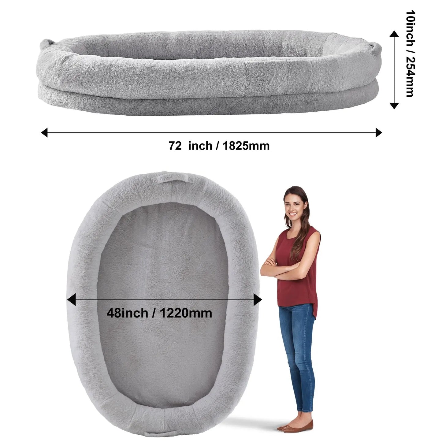 VEVOR Human Dog Bed, 72" X48"X10" Human Dog Bed for Adult, Human Size Dog Bed with Washable Faux Rabbit Fur Cover, Egg Orthopedic Foam, Storage Pocket, Large Dog Bean Bed, Light Grey