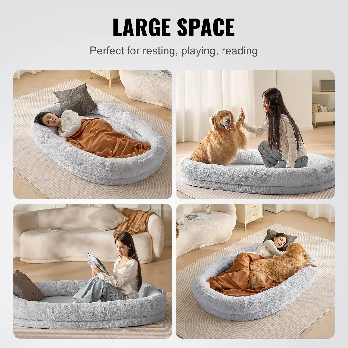 VEVOR Human Dog Bed, 72" X48"X10" Human Dog Bed for Adult, Human Size Dog Bed with Washable Faux Rabbit Fur Cover, Egg Orthopedic Foam, Storage Pocket, Large Dog Bean Bed, Light Grey