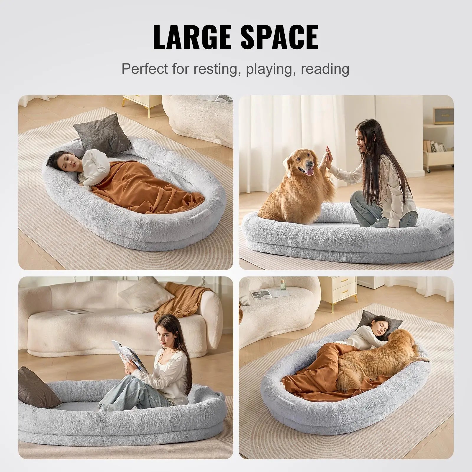 VEVOR Human Dog Bed, 72" X48"X10" Human Dog Bed for Adult, Human Size Dog Bed with Washable Faux Rabbit Fur Cover, Egg Orthopedic Foam, Storage Pocket, Large Dog Bean Bed, Light Grey