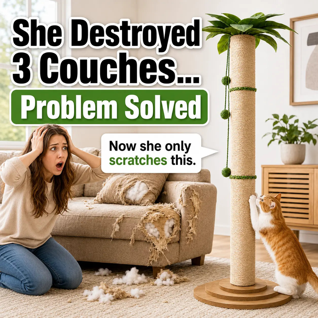 Oversized 63In Extra Tall Plant-Inspired Cat Scratching Post, Natural Sisal Rope Cat Scratch Pole with Wide 3-Layer Wooden Base, Hanging Balls & Leafy Top for Large Indoor Cats Vertical Scratcher Tree