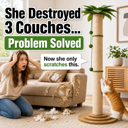 Oversized 63In Extra Tall Plant-Inspired Cat Scratching Post, Natural Sisal Rope Cat Scratch Pole with Wide 3-Layer Wooden Base, Hanging Balls & Leafy Top for Large Indoor Cats Vertical Scratcher Tree