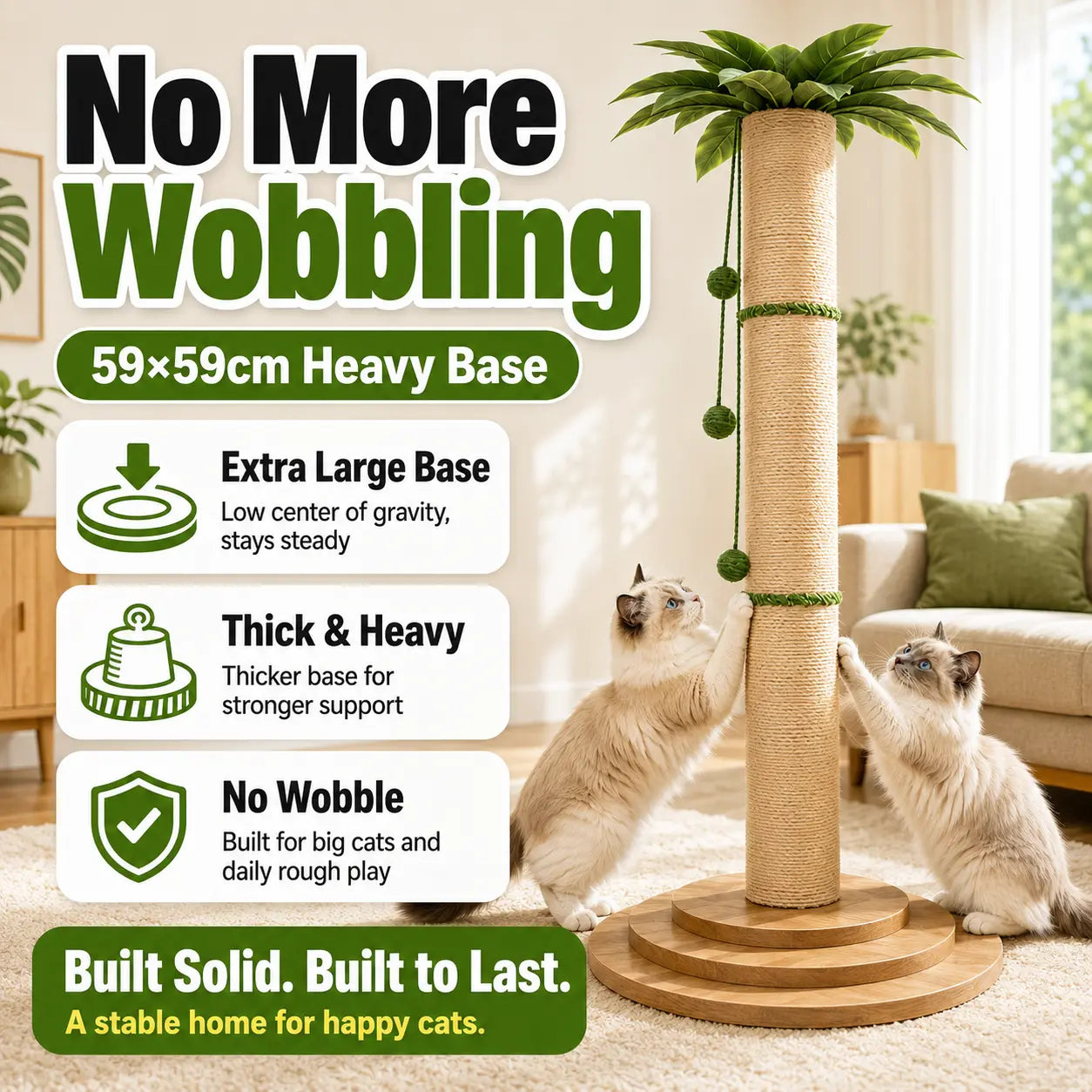 Oversized 63In Extra Tall Plant-Inspired Cat Scratching Post, Natural Sisal Rope Cat Scratch Pole with Wide 3-Layer Wooden Base, Hanging Balls & Leafy Top for Large Indoor Cats Vertical Scratcher Tree
