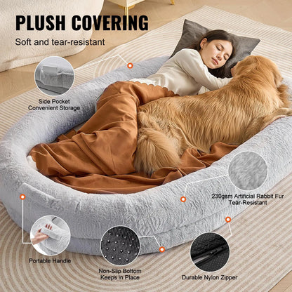VEVOR Human Dog Bed, 72" X48"X10" Human Dog Bed for Adult, Human Size Dog Bed with Washable Faux Rabbit Fur Cover, Egg Orthopedic Foam, Storage Pocket, Large Dog Bean Bed, Light Grey