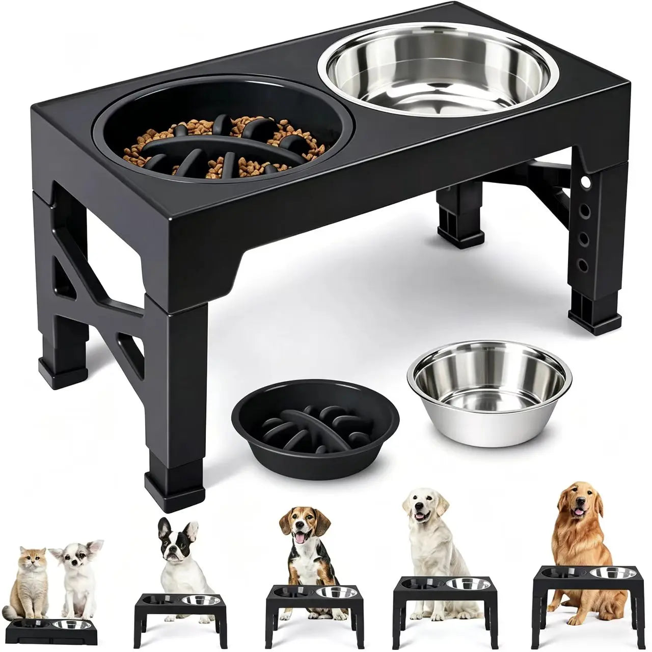 Elevated Feeding Bowl Stand for Dogs, 5 Adjustable Heights (3.2-12.2 In), Stainless Steel Slow Feeder Bowls for Small to Large Breeds