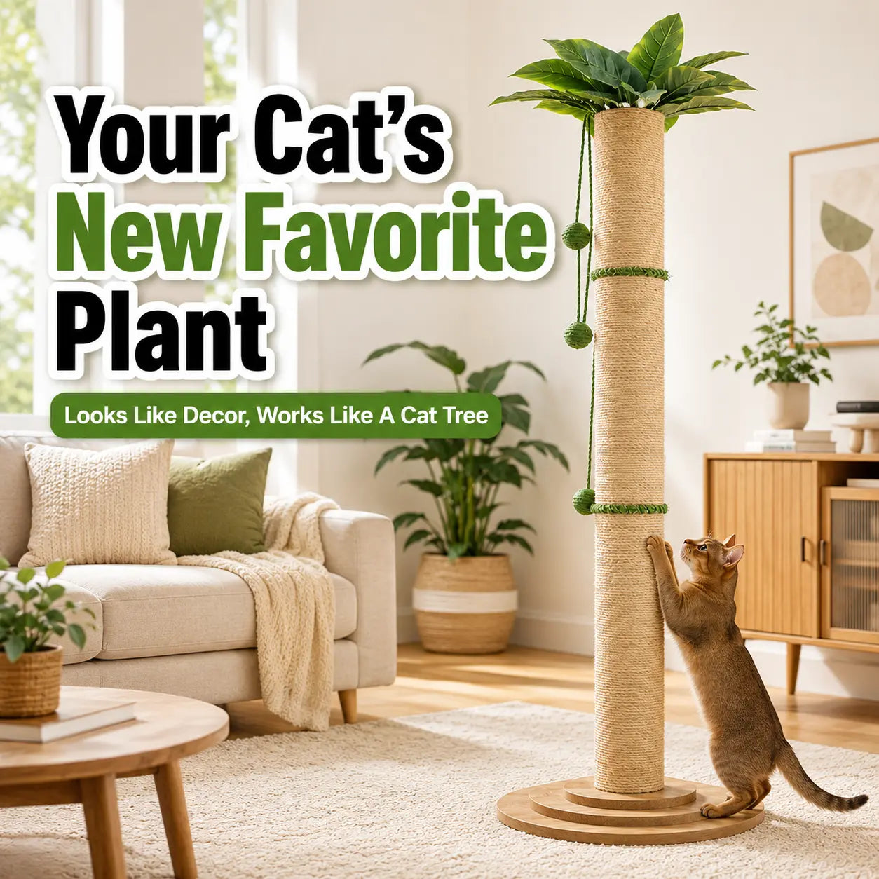 Oversized 63In Extra Tall Plant-Inspired Cat Scratching Post, Natural Sisal Rope Cat Scratch Pole with Wide 3-Layer Wooden Base, Hanging Balls & Leafy Top for Large Indoor Cats Vertical Scratcher Tree