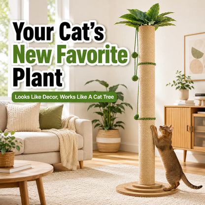 Oversized 63In Extra Tall Plant-Inspired Cat Scratching Post, Natural Sisal Rope Cat Scratch Pole with Wide 3-Layer Wooden Base, Hanging Balls & Leafy Top for Large Indoor Cats Vertical Scratcher Tree
