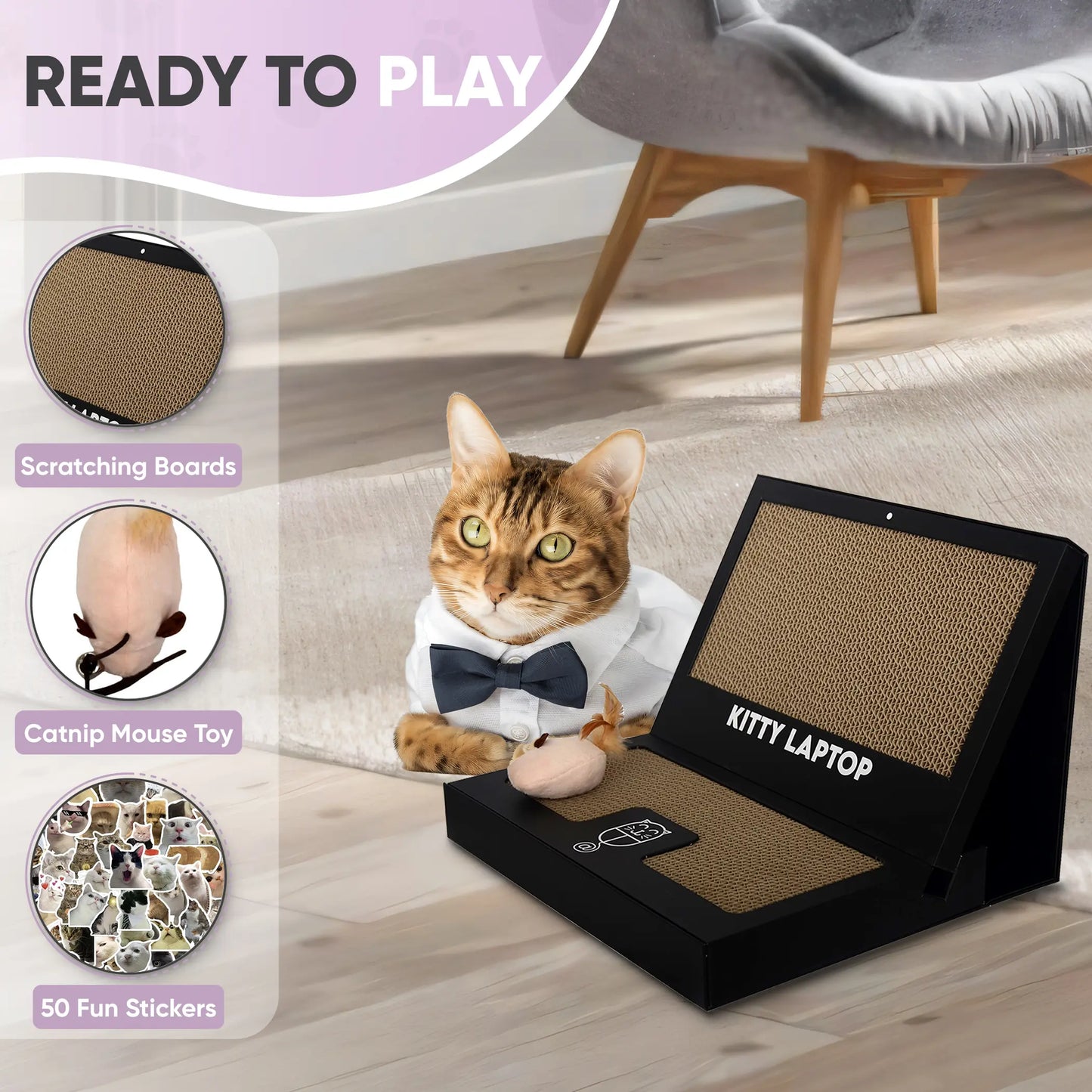 Kitty Laptop - Toy Cat Laptop with 2 Scratchboards, Catnip Mouse Toy, 50 Pack Cat Stickers & Interactive Eco-Friendly Cat Computer for Cats