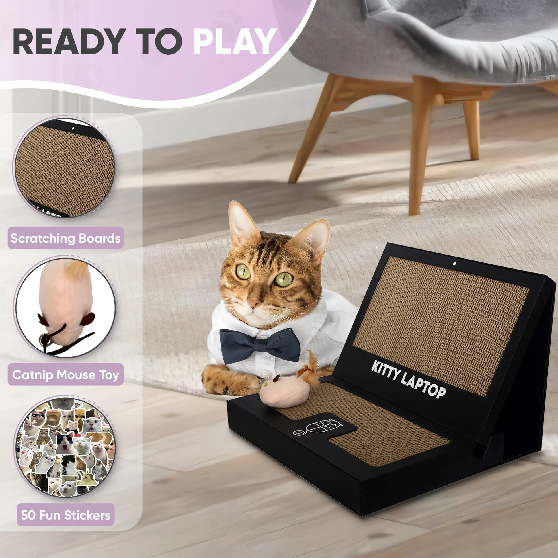 Kitty Laptop - Toy Cat Laptop with 2 Scratchboards, Catnip Mouse Toy, 50 Pack Cat Stickers & Interactive Eco-Friendly Cat Computer for Cats