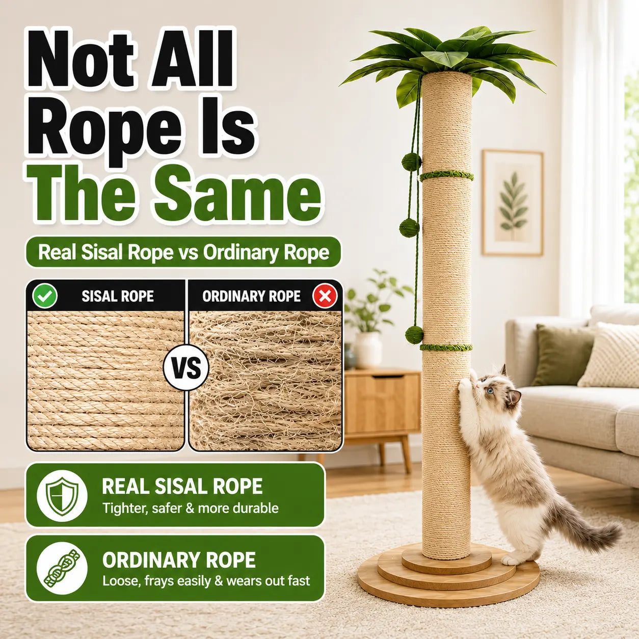 Oversized 63In Extra Tall Plant-Inspired Cat Scratching Post, Natural Sisal Rope Cat Scratch Pole with Wide 3-Layer Wooden Base, Hanging Balls & Leafy Top for Large Indoor Cats Vertical Scratcher Tree