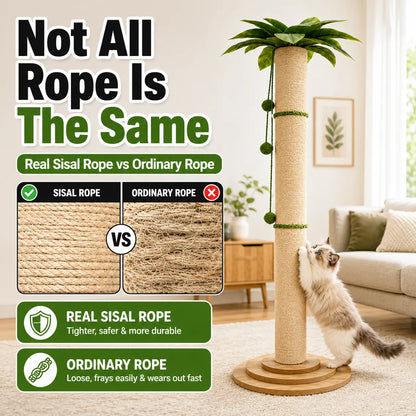 Oversized 63In Extra Tall Plant-Inspired Cat Scratching Post, Natural Sisal Rope Cat Scratch Pole with Wide 3-Layer Wooden Base, Hanging Balls & Leafy Top for Large Indoor Cats Vertical Scratcher Tree