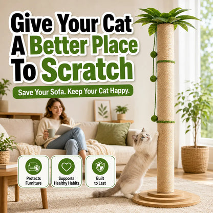 Oversized 63In Extra Tall Plant-Inspired Cat Scratching Post, Natural Sisal Rope Cat Scratch Pole with Wide 3-Layer Wooden Base, Hanging Balls & Leafy Top for Large Indoor Cats Vertical Scratcher Tree