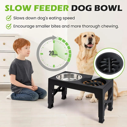 Elevated Feeding Bowl Stand for Dogs, 5 Adjustable Heights (3.2-12.2 In), Stainless Steel Slow Feeder Bowls for Small to Large Breeds