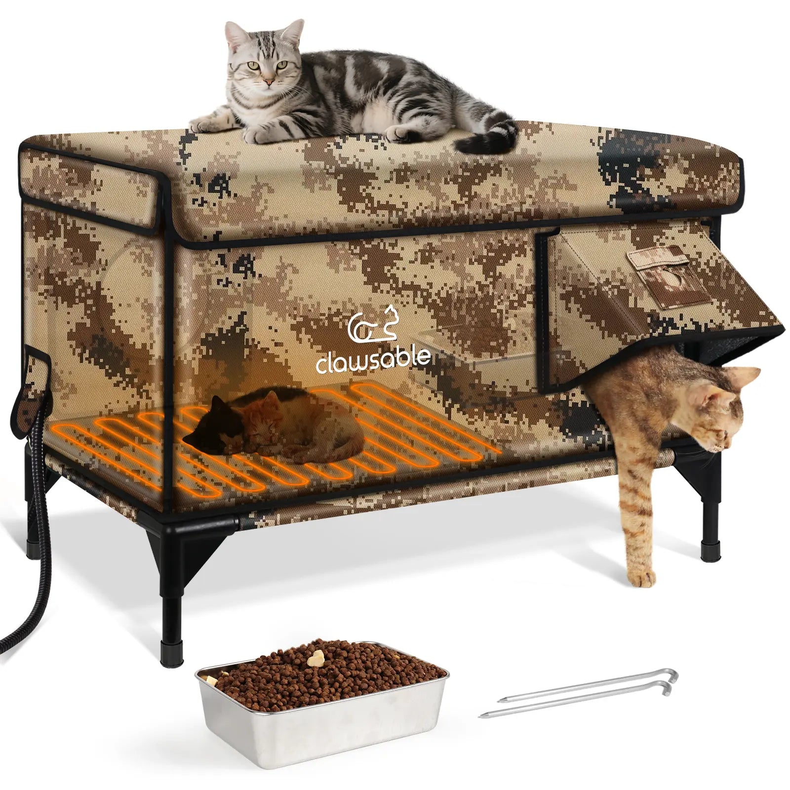 Heated Cat House for Outside,Extremely Insulated & Weatherproof in Winter,Elevated Outdoor Cat Shelter with Waterproof Eaves & Feeding Bowl and an Escape Door