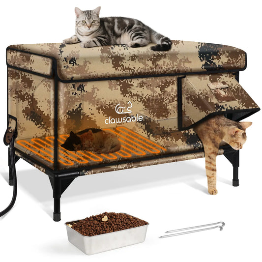 Heated Cat House for Outside,Extremely Insulated & Weatherproof in Winter,Elevated Outdoor Cat Shelter with Waterproof Eaves & Feeding Bowl and an Escape Door