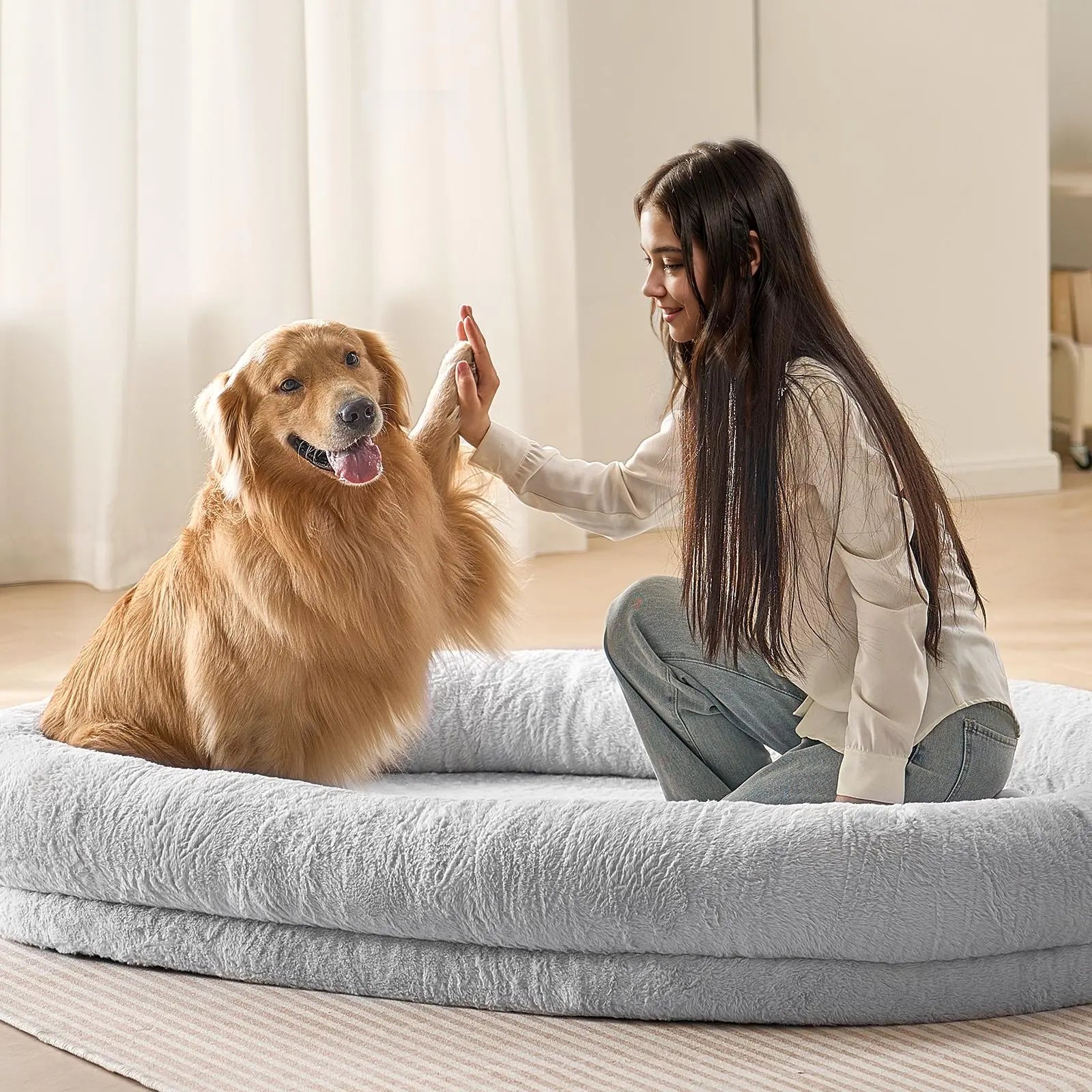 VEVOR Human Dog Bed, 72" X48"X10" Human Dog Bed for Adult, Human Size Dog Bed with Washable Faux Rabbit Fur Cover, Egg Orthopedic Foam, Storage Pocket, Large Dog Bean Bed, Light Grey