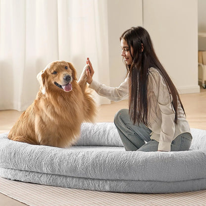 VEVOR Human Dog Bed, 72" X48"X10" Human Dog Bed for Adult, Human Size Dog Bed with Washable Faux Rabbit Fur Cover, Egg Orthopedic Foam, Storage Pocket, Large Dog Bean Bed, Light Grey