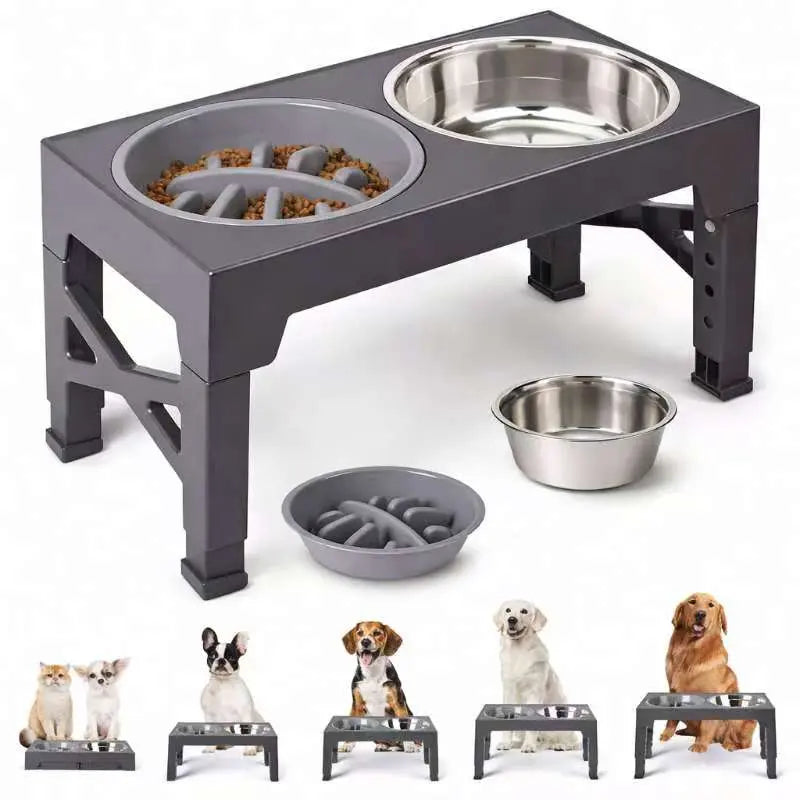 Elevated Feeding Bowl Stand for Dogs, 5 Adjustable Heights (3.2-12.2 In), Stainless Steel Slow Feeder Bowls for Small to Large Breeds
