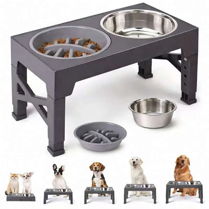 Elevated Feeding Bowl Stand for Dogs, 5 Adjustable Heights (3.2-12.2 In), Stainless Steel Slow Feeder Bowls for Small to Large Breeds