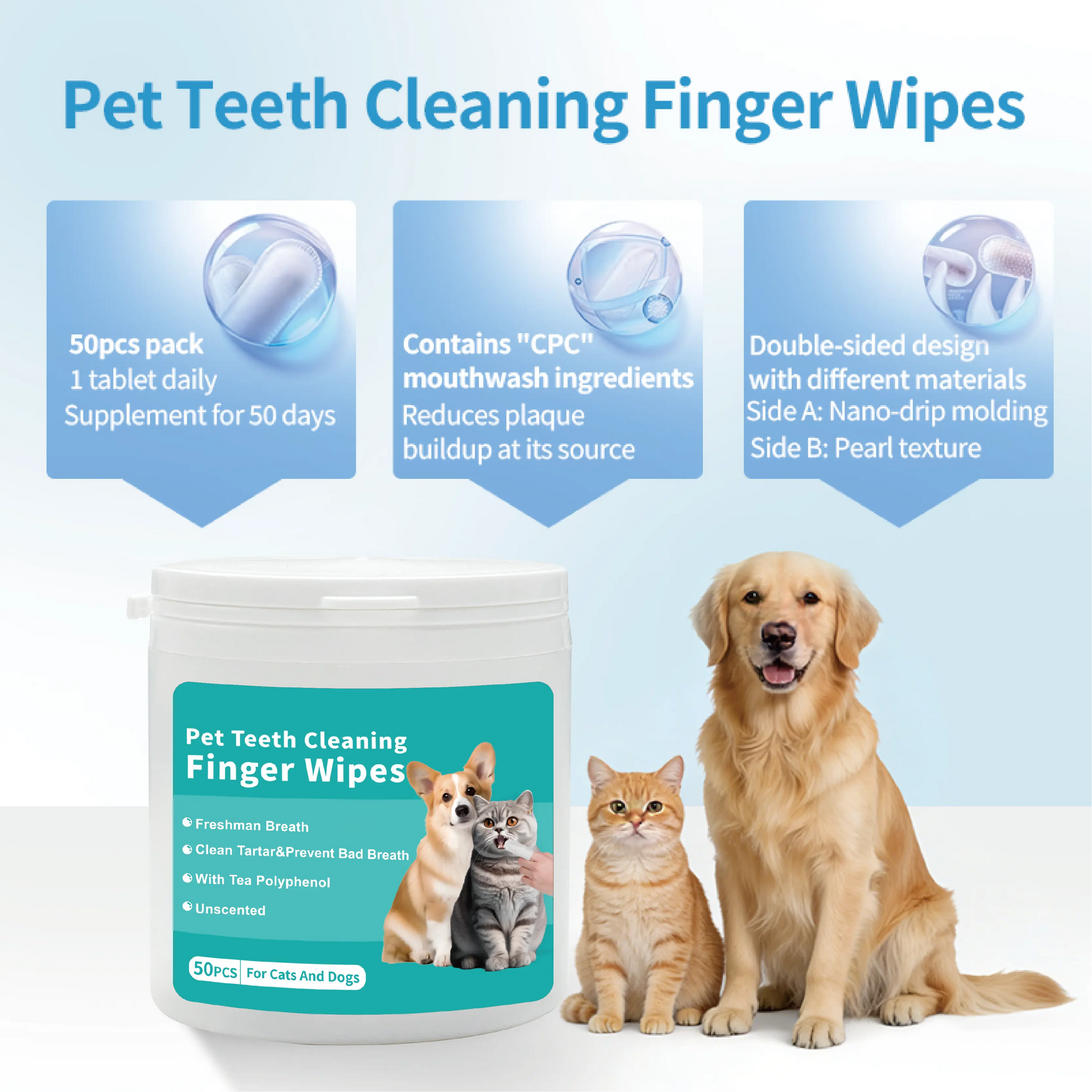 Ihubei Pet Dental Teeth Cleaning Finger Wipes 50Pcs for Dog&Cat: Prevent Pet Tooth Decay and Prolong Pet Life; Gentle Non-Irritating Freshens Breath Whitens Gums and Strengthens Teeth Made with Anatural Ingredients