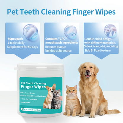 Ihubei Pet Dental Teeth Cleaning Finger Wipes 50Pcs for Dog&Cat: Prevent Pet Tooth Decay and Prolong Pet Life; Gentle Non-Irritating Freshens Breath Whitens Gums and Strengthens Teeth Made with Anatural Ingredients