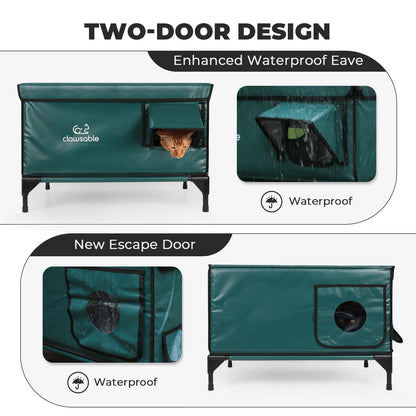 Heated Cat House for Outside,Extremely Insulated & Weatherproof in Winter,Elevated Outdoor Cat Shelter with Waterproof Eaves & Feeding Bowl and an Escape Door
