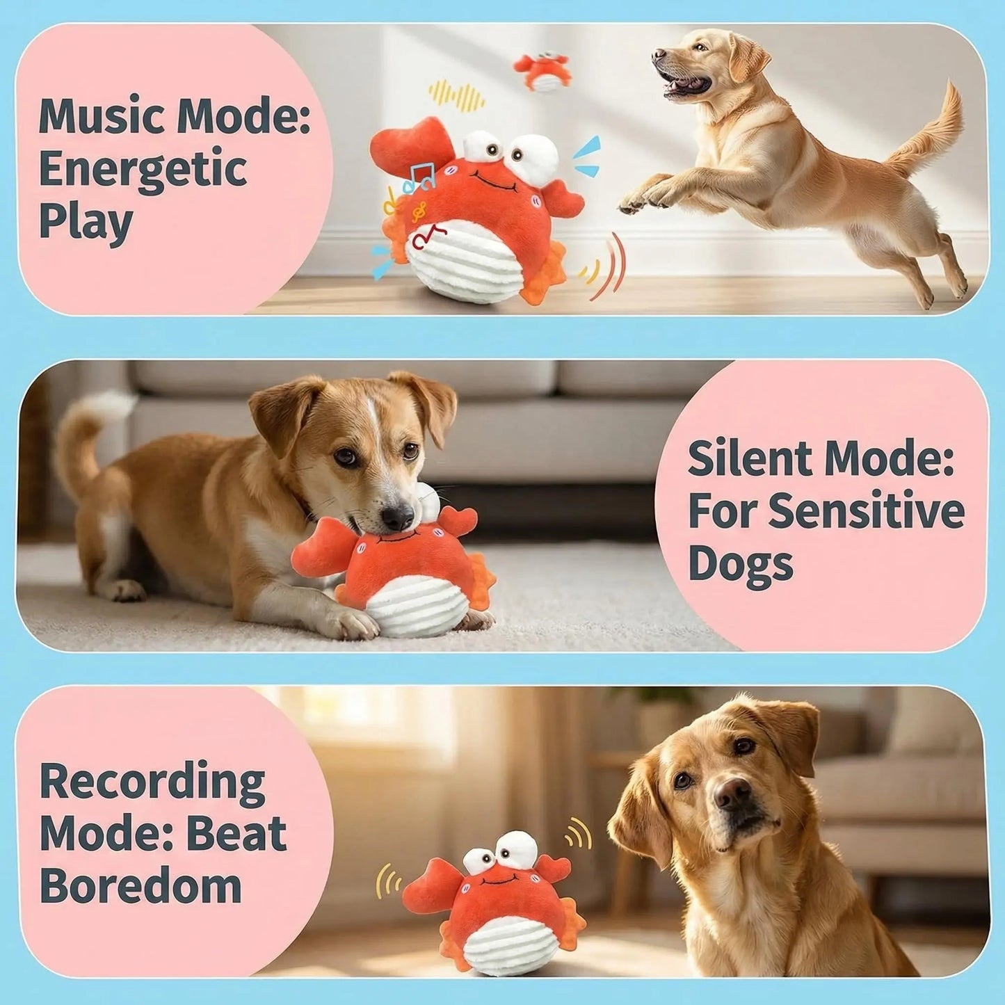 GUKCO Crab Interactive Dog Toy – Rechargeable Self-Play Toy with Motion-Activated Ball, 3 Modes (Music/Silent/Record) for Small Medium Large Dogs, Reduces Separation Anxiety, Puppy Teething Toy