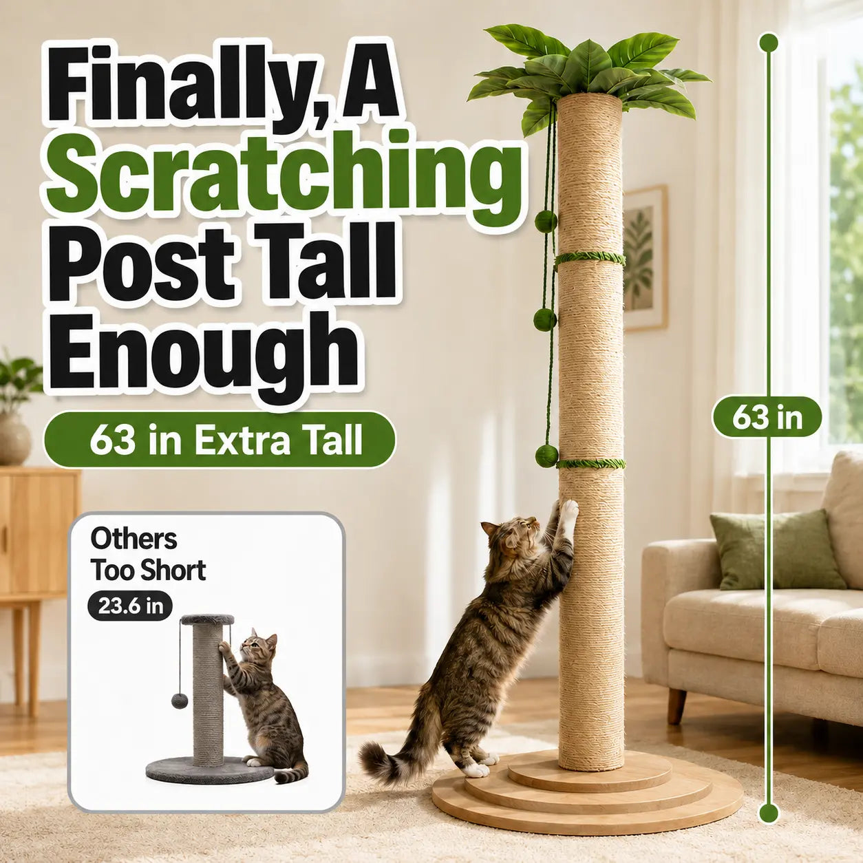 Oversized 63In Extra Tall Plant-Inspired Cat Scratching Post, Natural Sisal Rope Cat Scratch Pole with Wide 3-Layer Wooden Base, Hanging Balls & Leafy Top for Large Indoor Cats Vertical Scratcher Tree