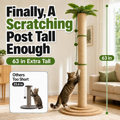 Oversized 63In Extra Tall Plant-Inspired Cat Scratching Post, Natural Sisal Rope Cat Scratch Pole with Wide 3-Layer Wooden Base, Hanging Balls & Leafy Top for Large Indoor Cats Vertical Scratcher Tree