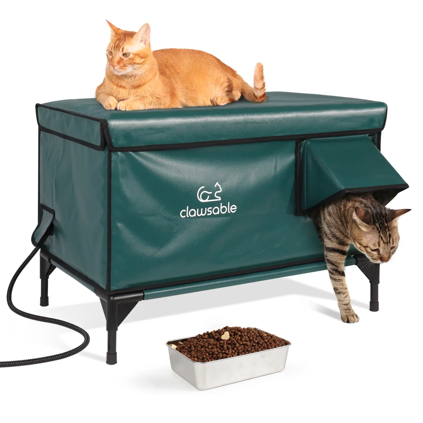 Heated Cat House for Outside,Extremely Insulated & Weatherproof in Winter,Elevated Outdoor Cat Shelter with Waterproof Eaves & Feeding Bowl and an Escape Door