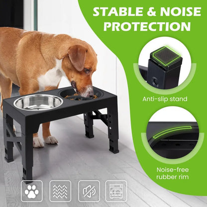 Elevated Feeding Bowl Stand for Dogs, 5 Adjustable Heights (3.2-12.2 In), Stainless Steel Slow Feeder Bowls for Small to Large Breeds