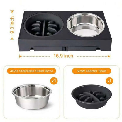 Elevated Feeding Bowl Stand for Dogs, 5 Adjustable Heights (3.2-12.2 In), Stainless Steel Slow Feeder Bowls for Small to Large Breeds