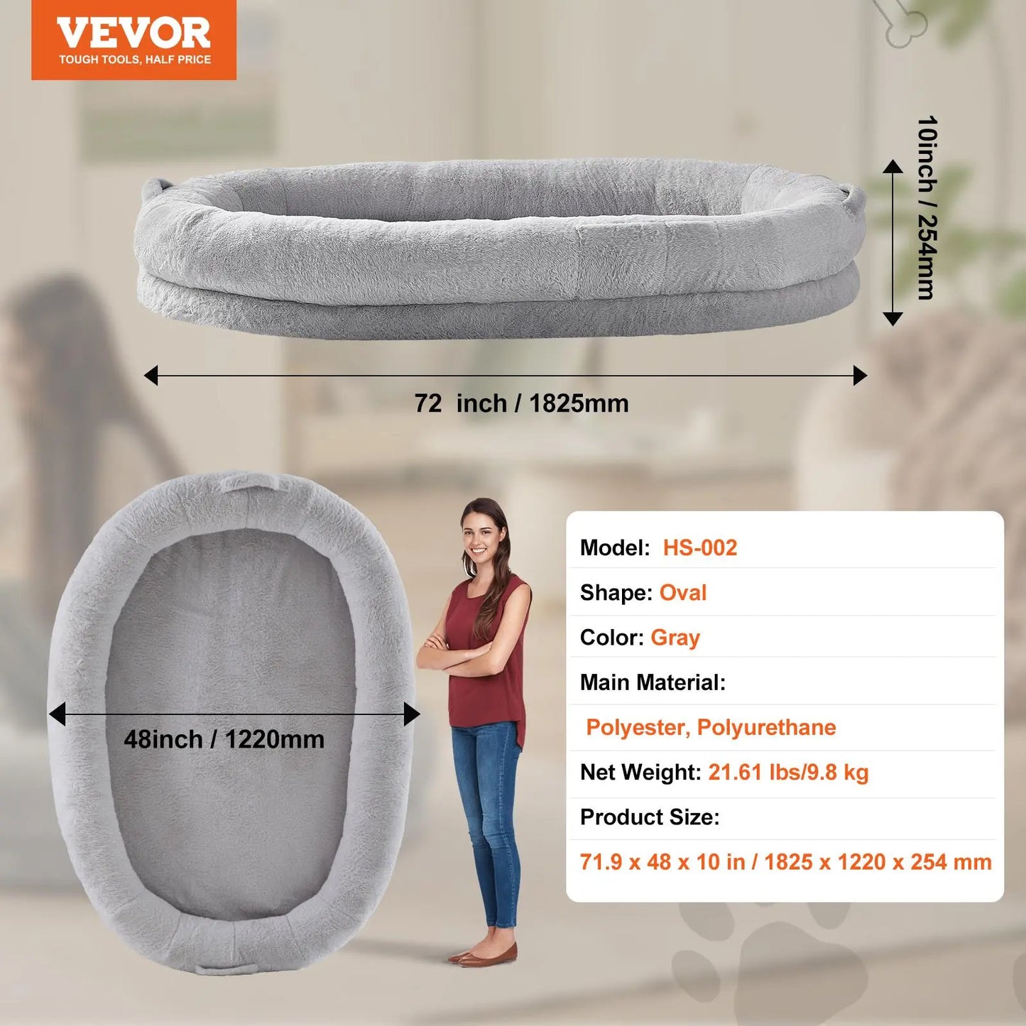 VEVOR Human Dog Bed, 72" X48"X10" Human Dog Bed for Adult, Human Size Dog Bed with Washable Faux Rabbit Fur Cover, Egg Orthopedic Foam, Storage Pocket, Large Dog Bean Bed, Light Grey