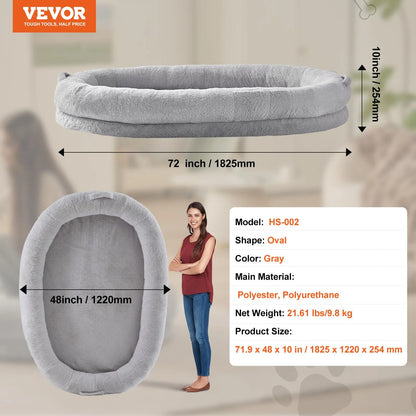 VEVOR Human Dog Bed, 72" X48"X10" Human Dog Bed for Adult, Human Size Dog Bed with Washable Faux Rabbit Fur Cover, Egg Orthopedic Foam, Storage Pocket, Large Dog Bean Bed, Light Grey