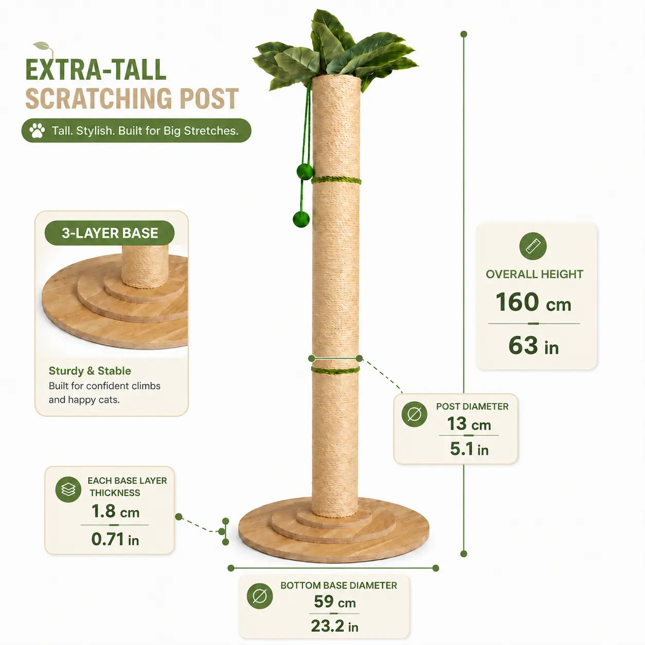 Oversized 63In Extra Tall Plant-Inspired Cat Scratching Post, Natural Sisal Rope Cat Scratch Pole with Wide 3-Layer Wooden Base, Hanging Balls & Leafy Top for Large Indoor Cats Vertical Scratcher Tree