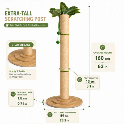 Oversized 63In Extra Tall Plant-Inspired Cat Scratching Post, Natural Sisal Rope Cat Scratch Pole with Wide 3-Layer Wooden Base, Hanging Balls & Leafy Top for Large Indoor Cats Vertical Scratcher Tree