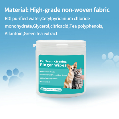Ihubei Pet Dental Teeth Cleaning Finger Wipes 50Pcs for Dog&Cat: Prevent Pet Tooth Decay and Prolong Pet Life; Gentle Non-Irritating Freshens Breath Whitens Gums and Strengthens Teeth Made with Anatural Ingredients