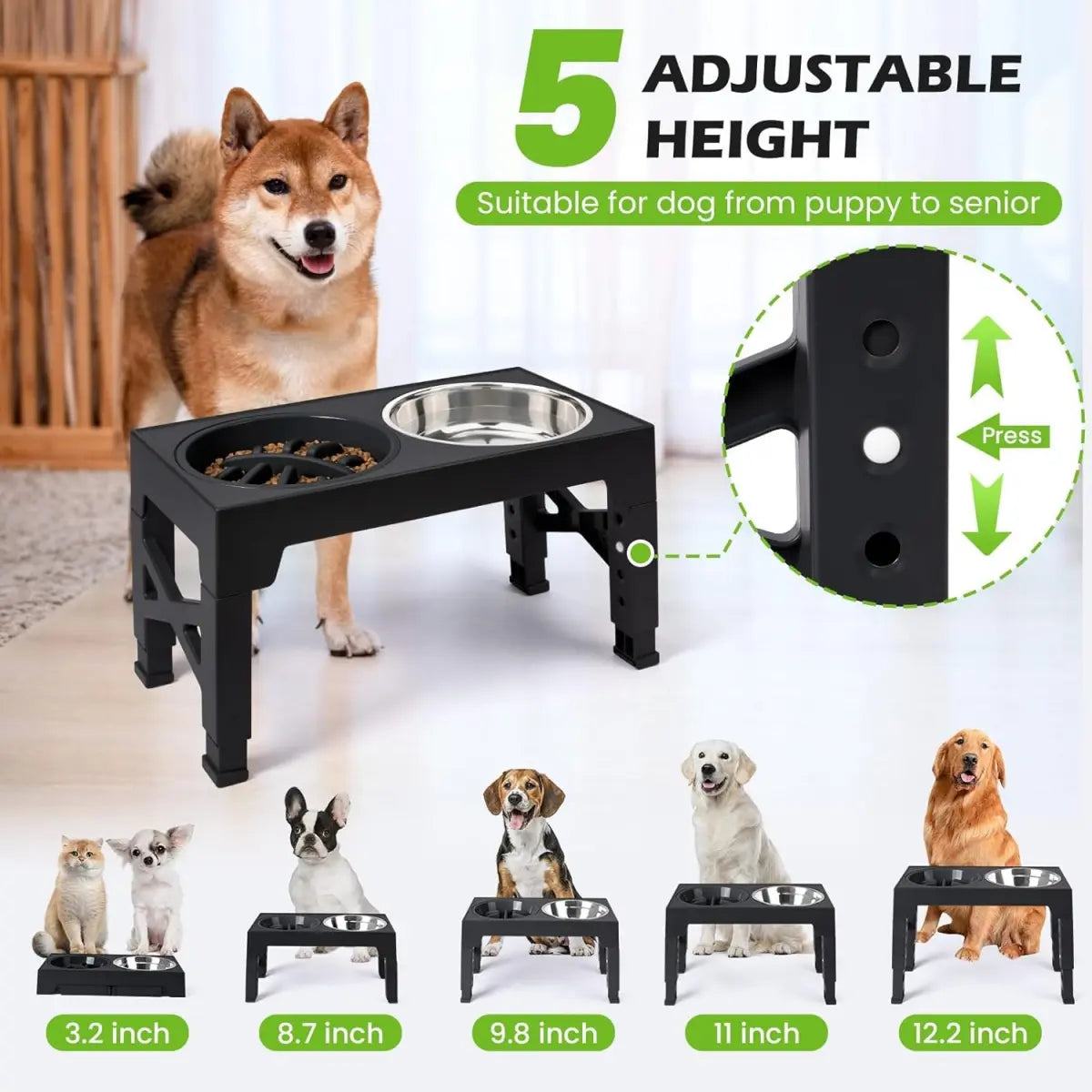 Elevated Feeding Bowl Stand for Dogs, 5 Adjustable Heights (3.2-12.2 In), Stainless Steel Slow Feeder Bowls for Small to Large Breeds