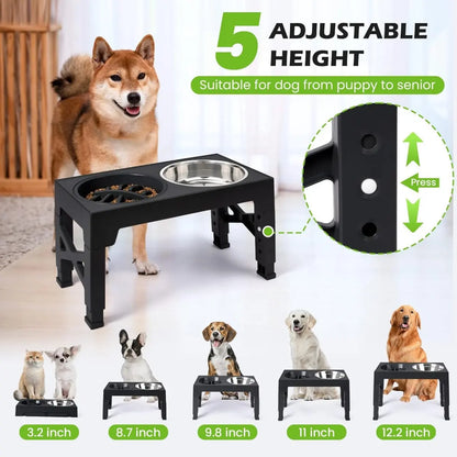Elevated Feeding Bowl Stand for Dogs, 5 Adjustable Heights (3.2-12.2 In), Stainless Steel Slow Feeder Bowls for Small to Large Breeds