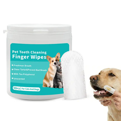Ihubei Pet Dental Teeth Cleaning Finger Wipes 50Pcs for Dog&Cat: Prevent Pet Tooth Decay and Prolong Pet Life; Gentle Non-Irritating Freshens Breath Whitens Gums and Strengthens Teeth Made with Anatural Ingredients