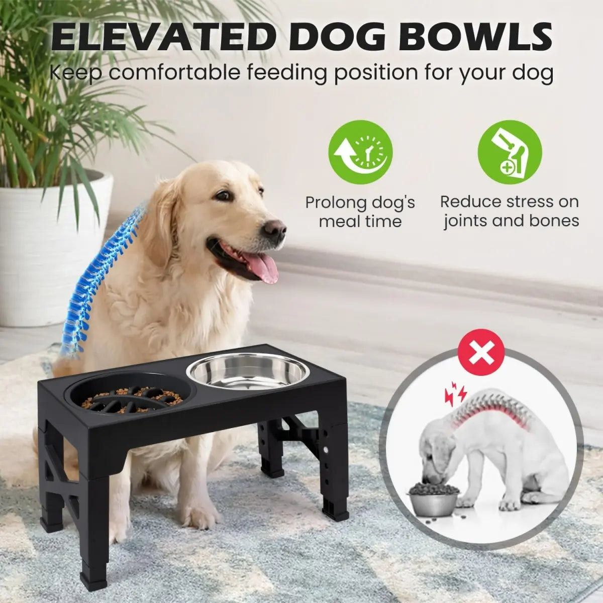 Elevated Feeding Bowl Stand for Dogs, 5 Adjustable Heights (3.2-12.2 In), Stainless Steel Slow Feeder Bowls for Small to Large Breeds
