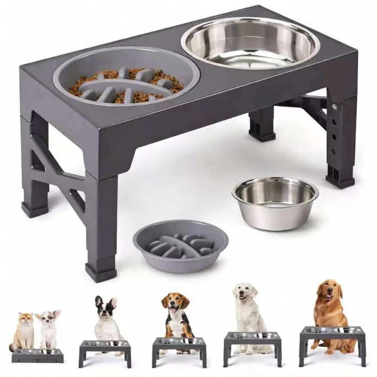 Elevated Feeding Bowl Stand for Dogs, 5 Adjustable Heights (3.2-12.2 In), Stainless Steel Slow Feeder Bowls for Small to Large Breeds